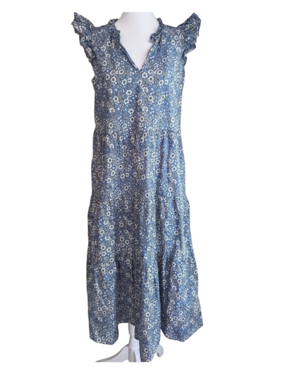 J. Crew blue and white floral v-neck ruffle sleeve cotton maxi dress, XL - Picture 2 of 11